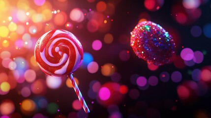 Colorful lollipop and sparkling candy against a vibrant bokeh background, perfect for conveying sweetness and fun.