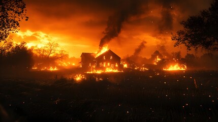 Nighttime inferno at a farmhouse, nearby haystacks ablaze, the sky thick with smoke and glowing embers, a scene of rural devastation