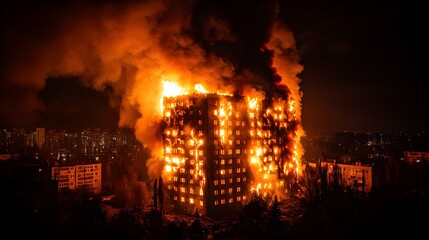 Nighttime inferno in a city apartment block, bright orange flames erupting from windows, thick black smoke swirling into the night sky