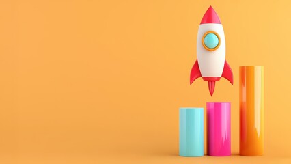 Rocket propelling through vibrant bar graphs, high-speed market growth, 3D illustration