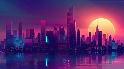 Fototapeta premium Neon Cityscape at Sunset