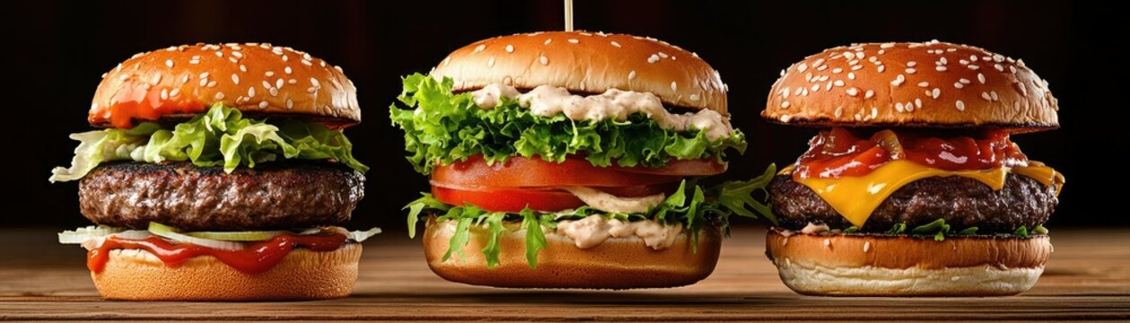 A mouthwatering selection of gourmet burgers featuring fresh ingredients, ideal for food lovers and culinary enthusiasts.