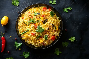 Top view of a Vegetable Biryani dish on a black table with ample copy space image