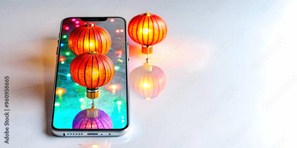 Poster modern smartphone displayed on holographic surface with floating mid autumn festival lanterns - top 