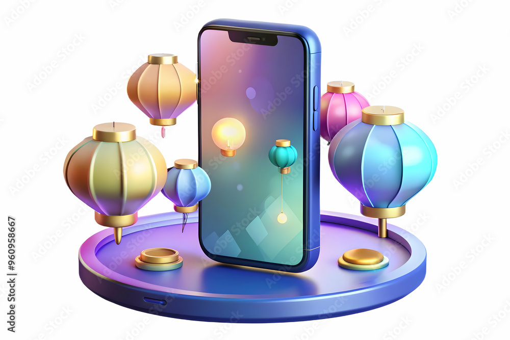 Aufkleber mystical smartphone display: holographic surface with floating mid autumn festival lanterns. top dow