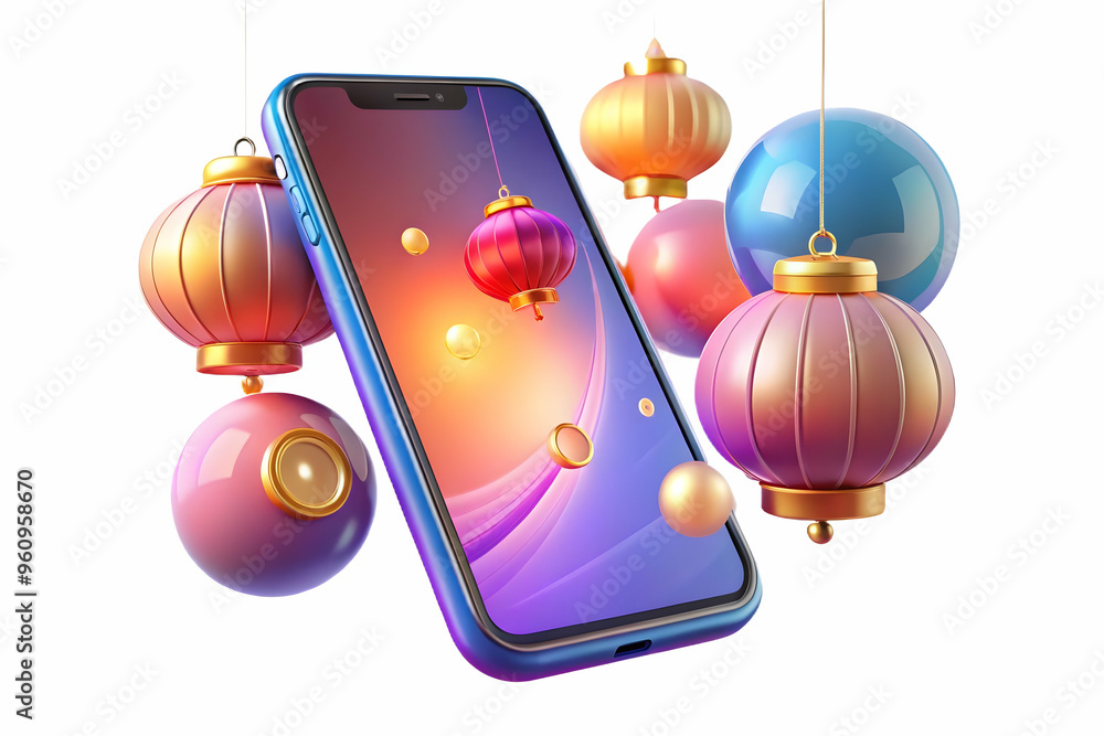 Poster modern smartphone displayed on a holographic surface amidst floating mid autumn festival lanterns. t