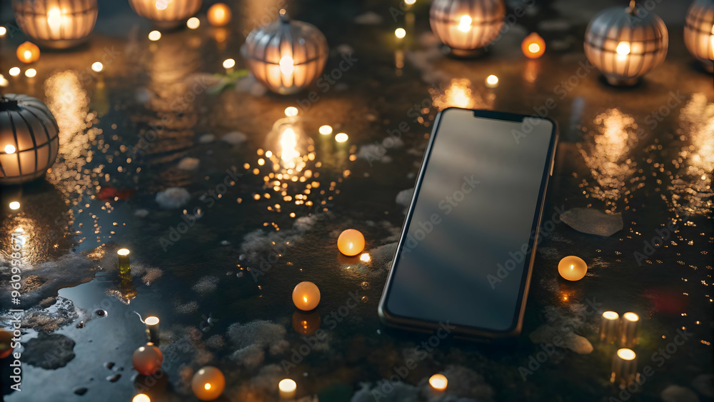 Aufkleber modern technology: smartphone displayed on holographic surface with floating lanterns , top down vie