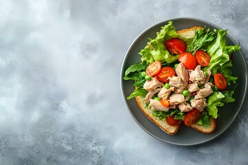 Top view of toast topped with canned tuna fish fillet and salad on a gray background with a designated copy space image