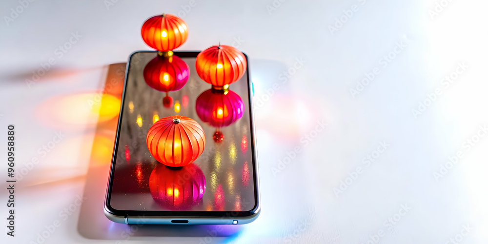 Poster modern smartphone displayed on holographic surface with floating lanterns - top down angle for mid a