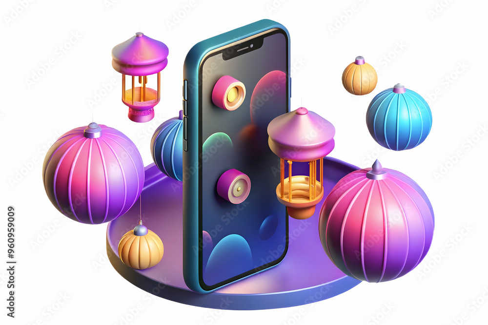 Aufkleber glossy holographic smartphone display surrounded by floating mid autumn festival lanterns - top down