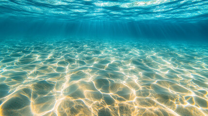 Fototapeta premium Underwater photography of clear blue water with a sandy bottom, a beautiful ocean landscape with sunlight and sand ripples