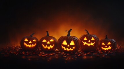 Five glowing Halloween pumpkins decorate a dark background, showcasing playful and spooky expressions perfect for seasonal festivities.