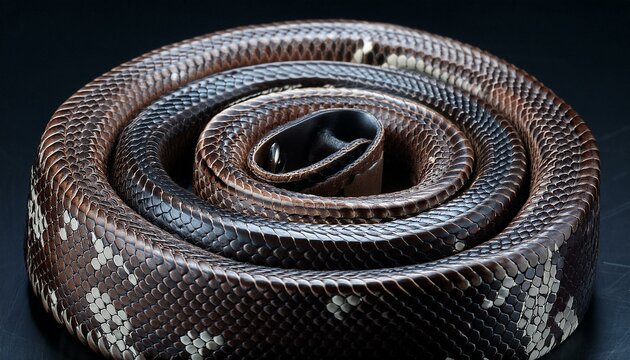close up of a snake.  A close-up of a python print belt, coiled in a spiral, set against a dark, matte background
