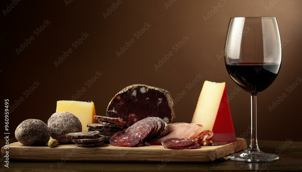 Wall mural a gourmet charcuterie spread with dark chocolate, manchego cheese, and truffle salami, paire