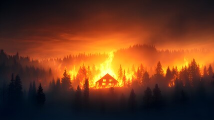A house on the edge of destruction, wildfire flames consuming the forest behind it, dark night sky, detailed rendering of fire's impact on nature and property, Hyper-realistic, HDR photography