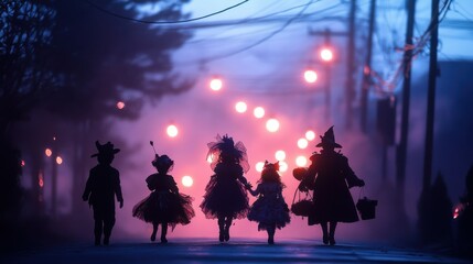 Silhouettes of costumed figures walk in misty twilight, illuminated by soft glowing lights, evoking a magical atmosphere.