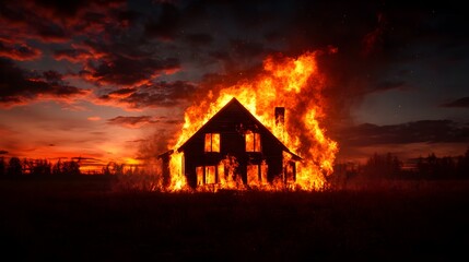 A lone burning house against a starless sky, engulfed in flames, vivid orange glow lighting up the night, surreal atmosphere, digital painting, detailed textures