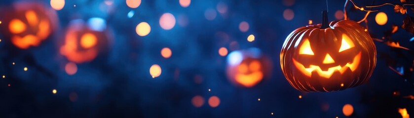 Fototapeta premium Spooky Halloween pumpkins glowing in the dark, creating a festive atmosphere perfect for autumn celebrations.
