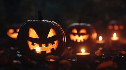Spooky Halloween pumpkins glow in the dark, creating an eerie atmosphere with candlelight and autumn leaves.