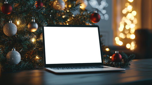 Laptop mockup. There is an open laptop on the table next to the Christmas tree. The Christmas tree is decorated with a variety of decorations, including red and silver balls