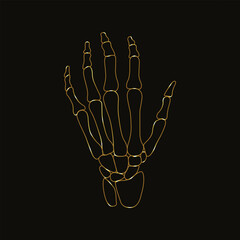 Gold Skelton Hand. Line art. Black and white. Isolated on black background. Halloween concept. Human Body. Horror hands. Bones Hands. Human Hand. Design print on shirt, card, poster, tee. 
