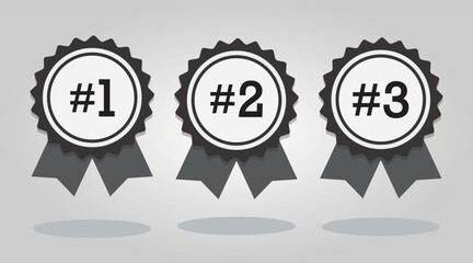 Abstract black horizontal conceptual three ribbon award bows in a row with numbers and drop shadows icons on gray gradient background