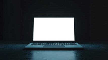 Laptop mockup in a minimalistic style. An open laptop with a white blank screen stands in a black room on a black table. Website advertising