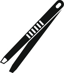 Black simple vector icon of metal tweezers for eyebrows holding something small, isolated on white background