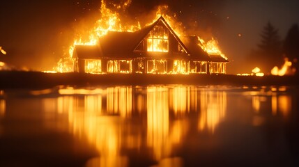 Fototapeta premium House on fire by a serene river, flames vividly reflected in the water, night, high contrast, insurance use, Realistic, Dark and moody atmosphere