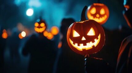 Spooky Halloween scene with carved pumpkins glowing in the dark, creating an eerie atmosphere for festive celebrations.