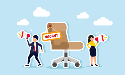 A businessman and businesswoman promoting recruitment at their company with a megaphone, illustration of Method for recruiting new employees to fill vacant or strategic positions