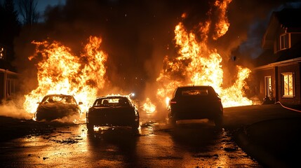 Intense house fire at night, vehicles on fire in the driveway, explosive bursts lighting up the scene, dramatic night shot for insurance claims