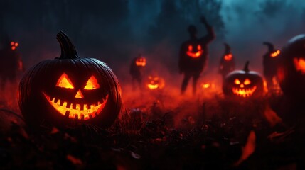 Spooky Halloween scene with glowing jack-o'-lanterns amidst eerie fog and shadowy figures, creating a haunting atmosphere.