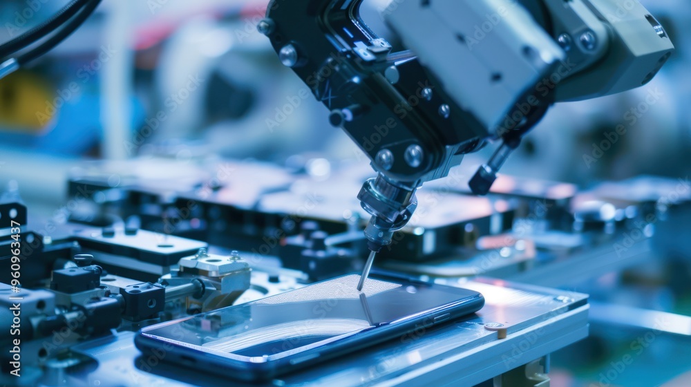 Poster robot arm assembling a smartphone in a factory
