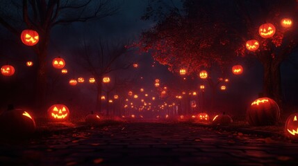 Spooky Halloween scene with glowing jack-o'-lanterns illuminating a misty path through a dark, eerie forest.