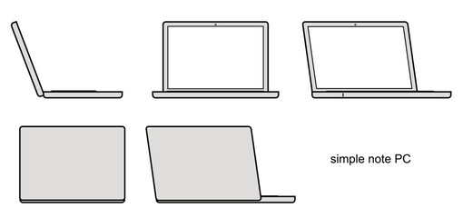 色々な角度の、シンプルなノートパソコンのイラスト
