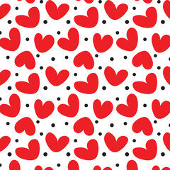 Seamless pattern of simple red hearts isolated on white for wrapping paper or fabric. Hand drawn style.