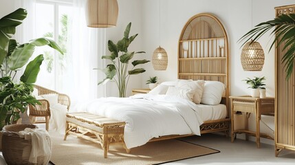 Fototapeta premium The bedroom is decorated with plants and has a natural, relaxing atmosphere.