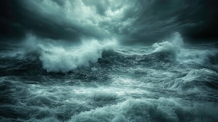 A stormy ocean with large waves crashing against a rocky shore, dramatic lighting