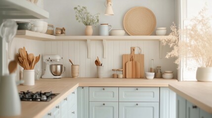 Fototapeta premium A kitchen with a natural material palette and gentle colors influenced by Scandinavian design.