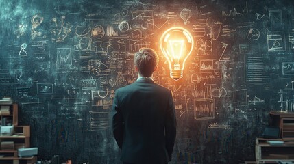 Man With a Lightbulb Idea in Front of Chalkboard.
