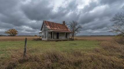 Fototapeta premium An abandoned farmhouse under a cloudy, overcast sky, eerie and lonely atmosphere