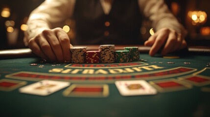 Fototapeta premium Casino player placing chips on the table.