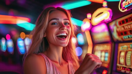 Woman Excited Playing Slot Machine.