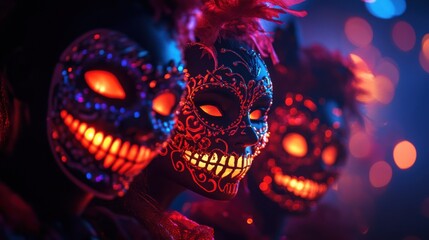 Naklejka premium Vibrant close-up of skull masks glowing in colorful light, perfect for Halloween or festival themes showcasing tradition and celebration.