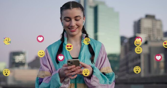 Social media, emoji and phone with woman in city for algorithm, notification and connection. Icon, music playlist and comment with person for viral post, global message and dating app overlay