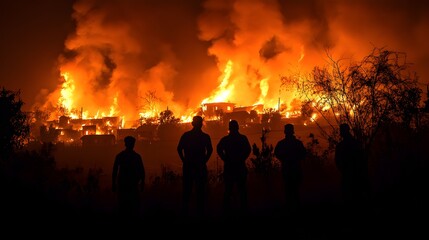 Dramatic night scene of a village fire, towering flames against the dark sky, villagers in a desperate struggle to save what they can