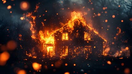 Fototapeta premium Fiery destruction of a house, close-up of flames licking the walls, embers flying through the dark night, dramatic, hyper-realistic style, high detail, insurance documentation