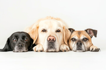Fototapeta premium Three dogs are laying on a white background