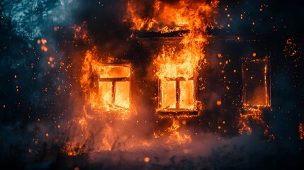 Fototapeta premium Fiery destruction of a house, close-up of flames licking the walls, embers flying through the dark night, dramatic, hyper-realistic style, high detail, insurance documentation